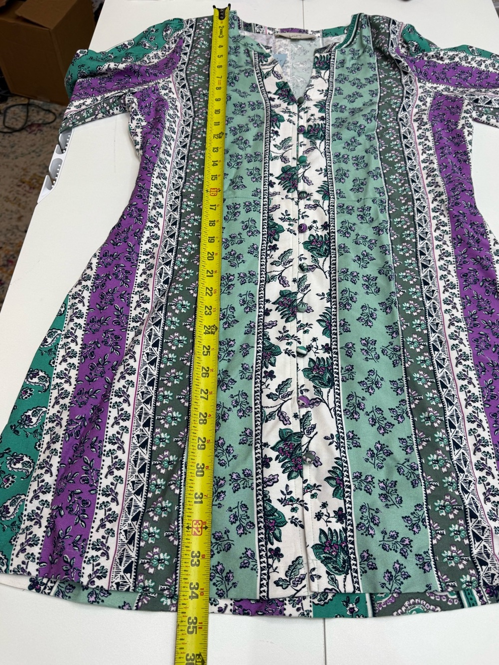 LOFT purple and green vertical-striped floral boho tunic dress size 12P - Picture 8 of 9
